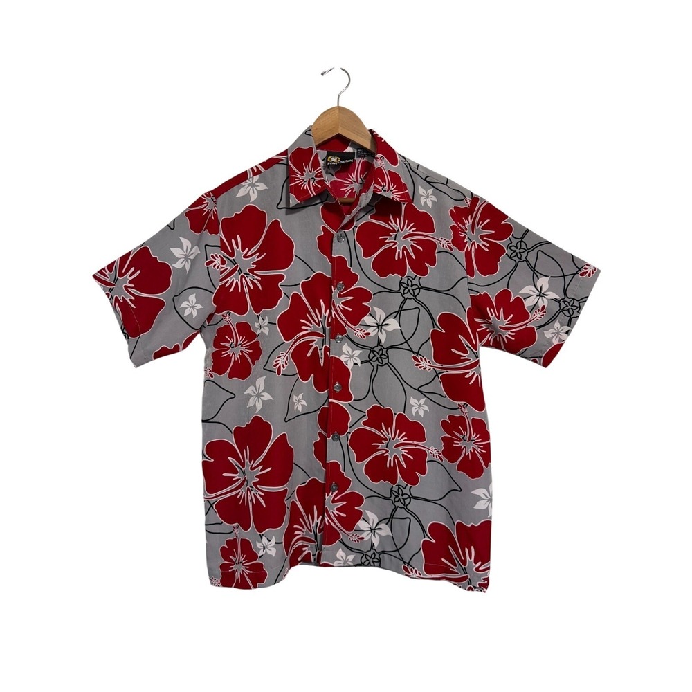 Street Culture‎ Button Front Shirt Mens Small Gray Red Hibiscus Floral Tropical